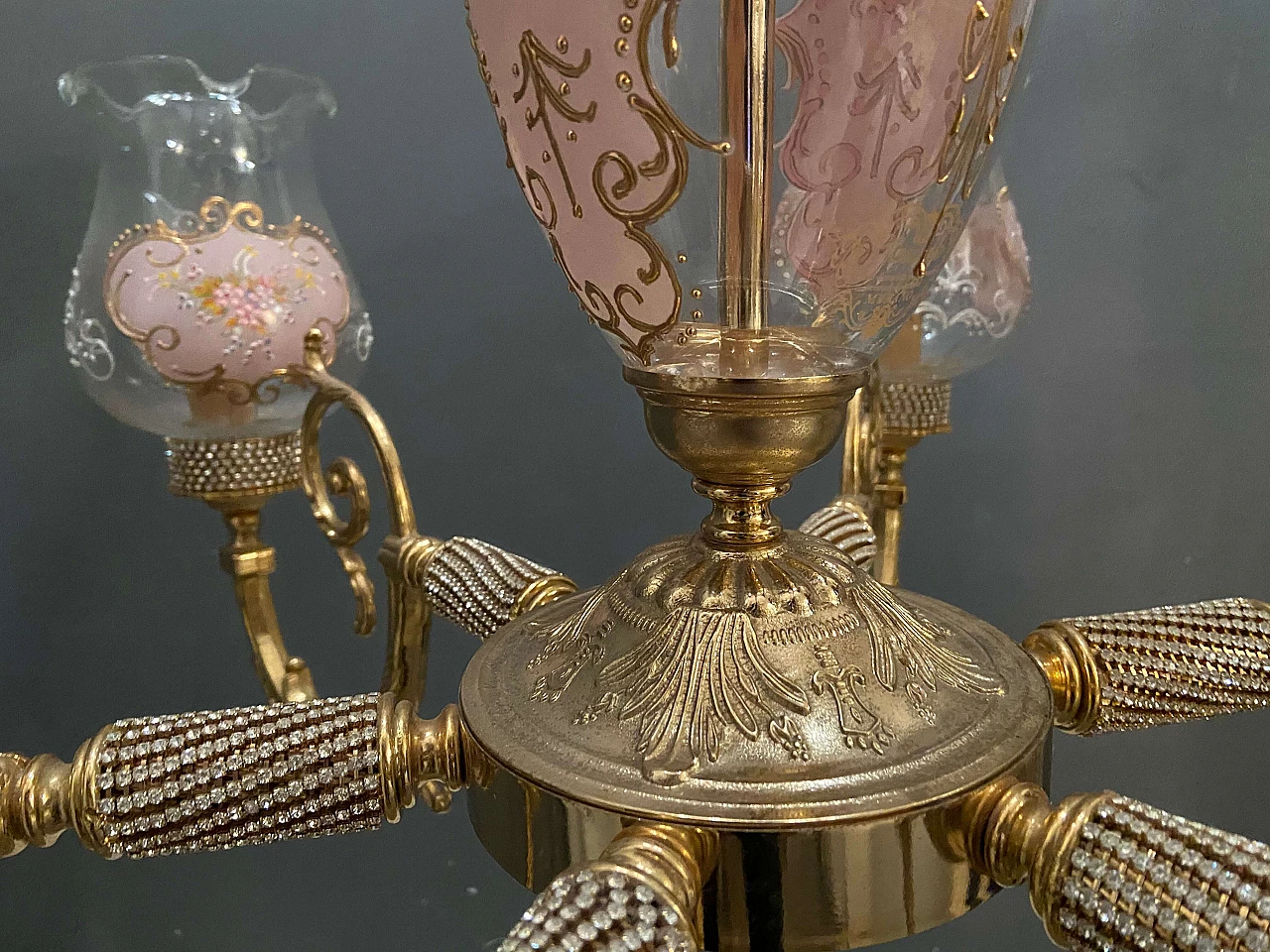 Lampadario in stile Barocco in vetro di Murano e ottone di Rosa Perla, anni '60 1208181