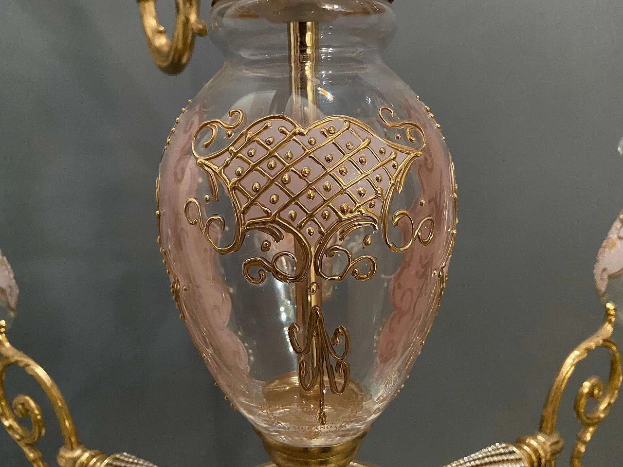 Lampadario in stile Barocco in vetro di Murano e ottone di Rosa Perla, anni '60 1208182