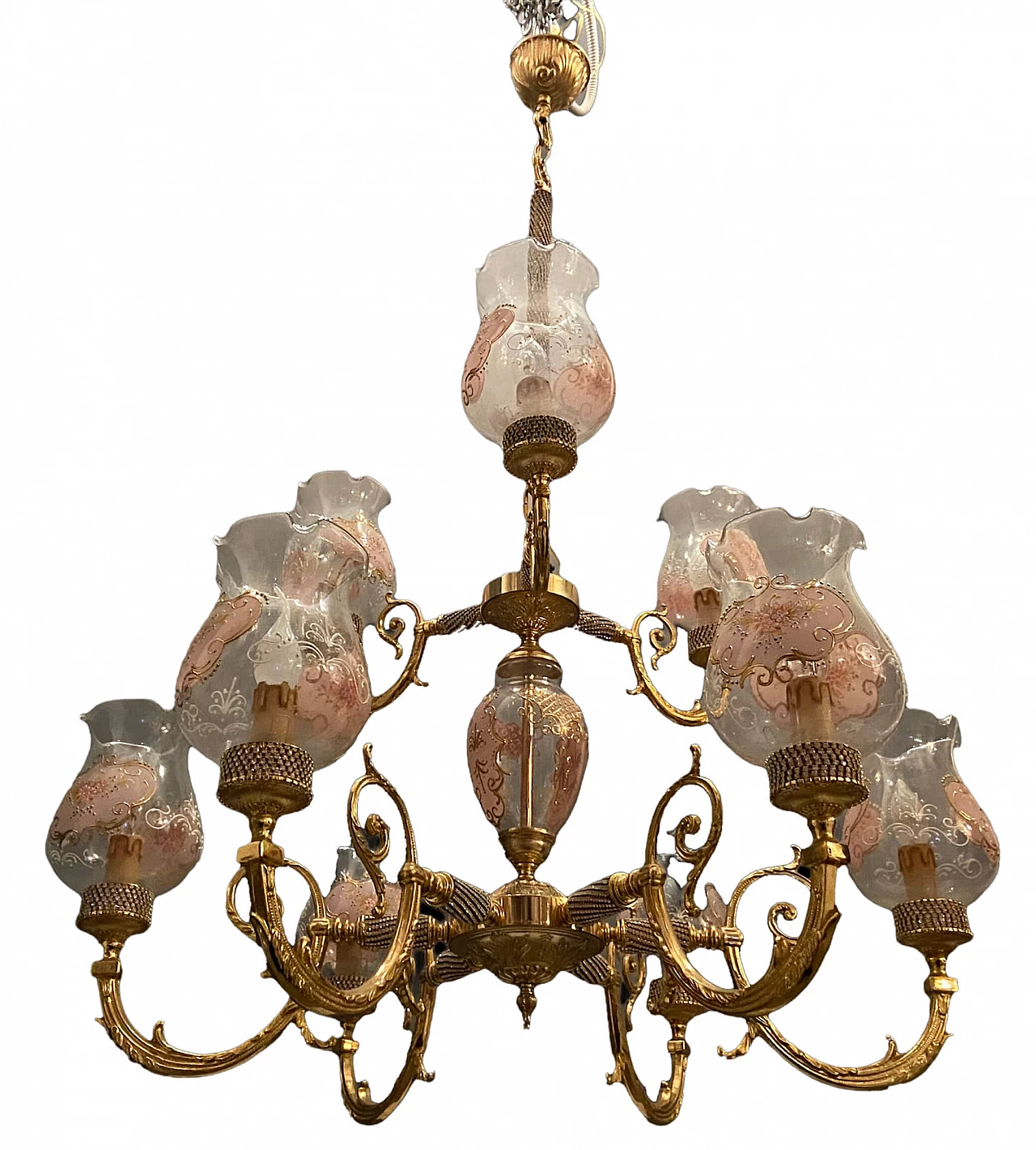 Lampadario in stile Barocco in vetro di Murano e ottone di Rosa Perla, anni '60 1208228
