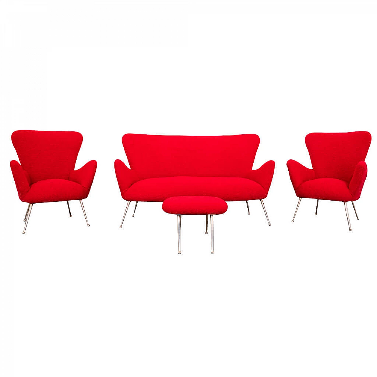 Sofa and pair of armchairs and footstool in red bouclè, 1950s 1208996
