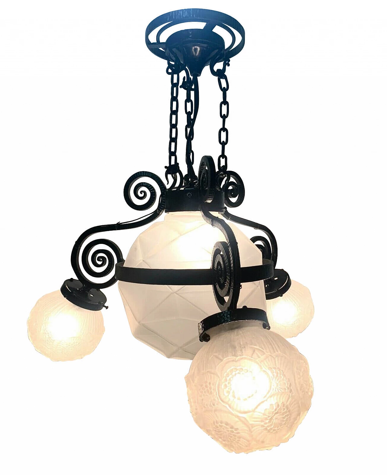 Glass and wrought iron chandelier, 30s 1209100