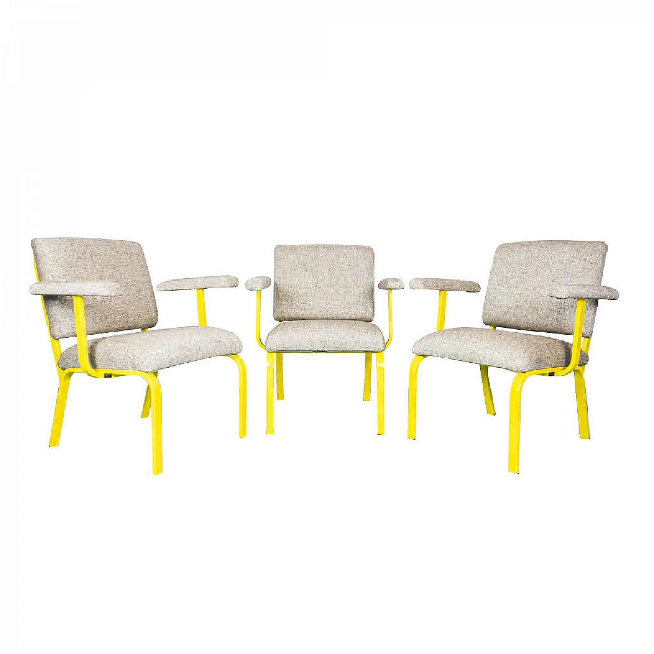 Set di 3 sedie artigianali in metallo giallo e tessuto grigio, anni '70 1209428