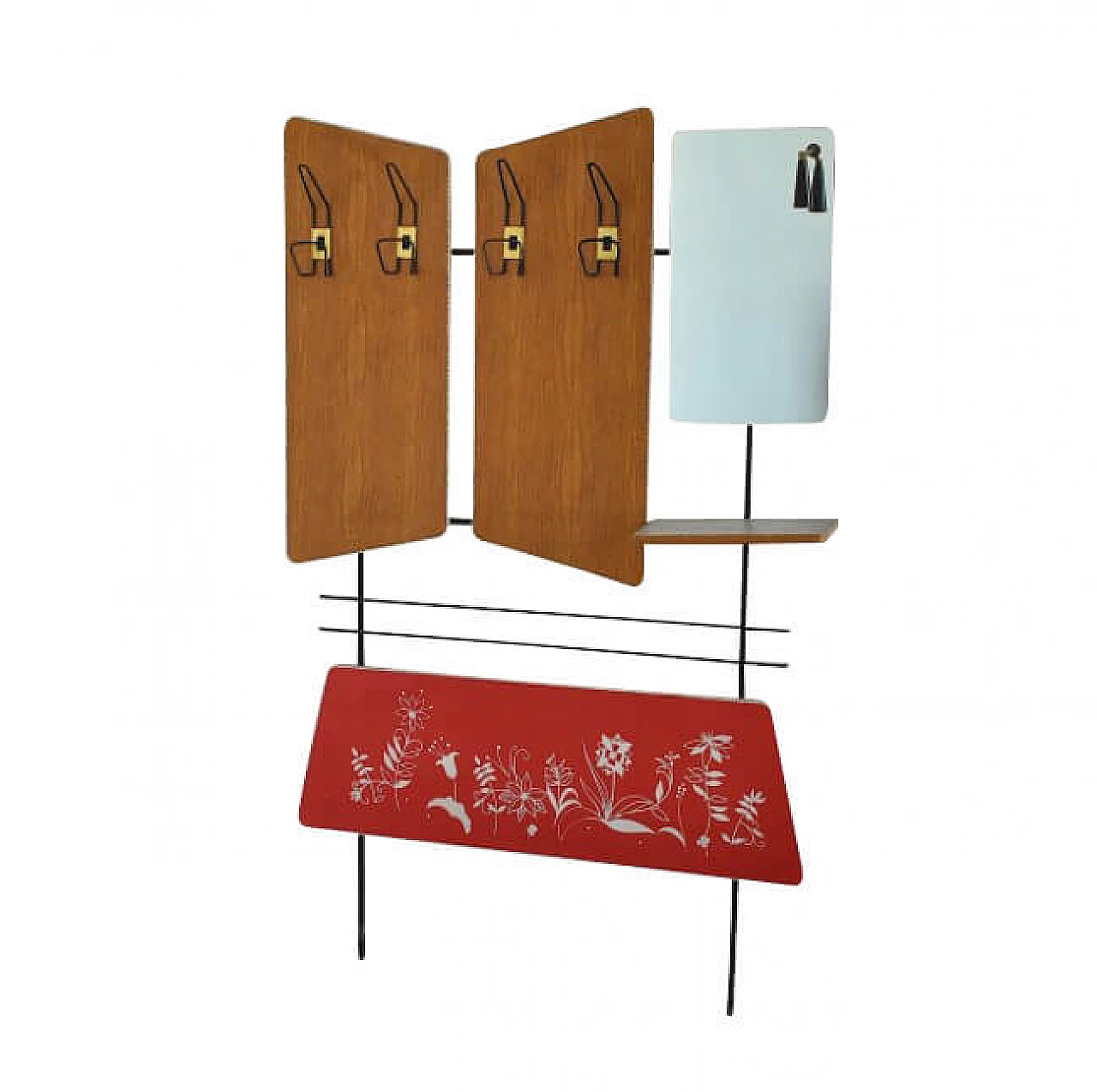 Coat stand with four hooks, courtesy light and mirror, 60s 1209442