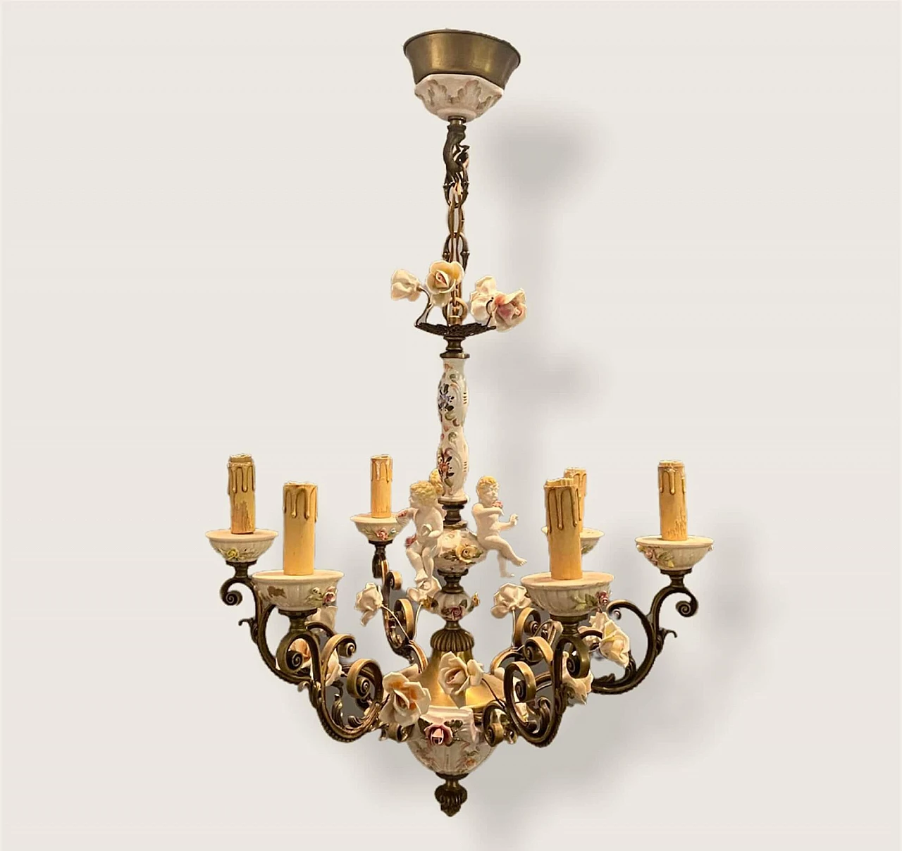 Lampadario in bronzo e ceramica di Antonio Zen per Le Ceramiche di Nove e Bassano, anni '50 1209700