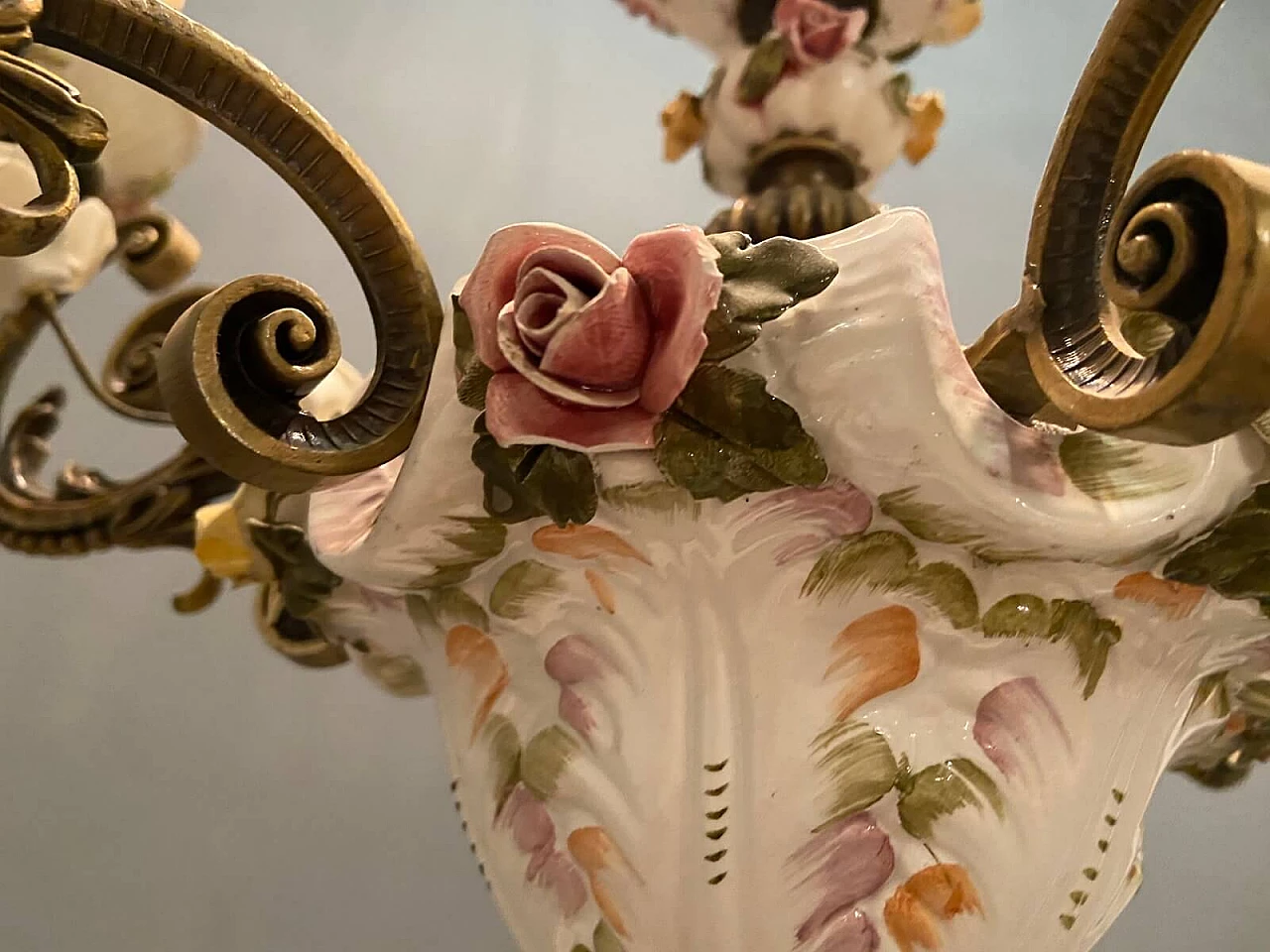 Lampadario in bronzo e ceramica di Antonio Zen per Le Ceramiche di Nove e Bassano, anni '50 1209701