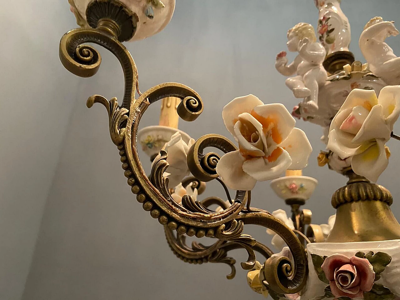 Lampadario in bronzo e ceramica di Antonio Zen per Le Ceramiche di Nove e Bassano, anni '50 1209702