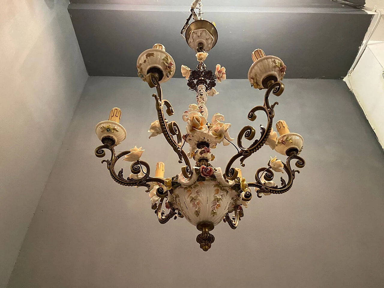 Lampadario in bronzo e ceramica di Antonio Zen per Le Ceramiche di Nove e Bassano, anni '50 1209703