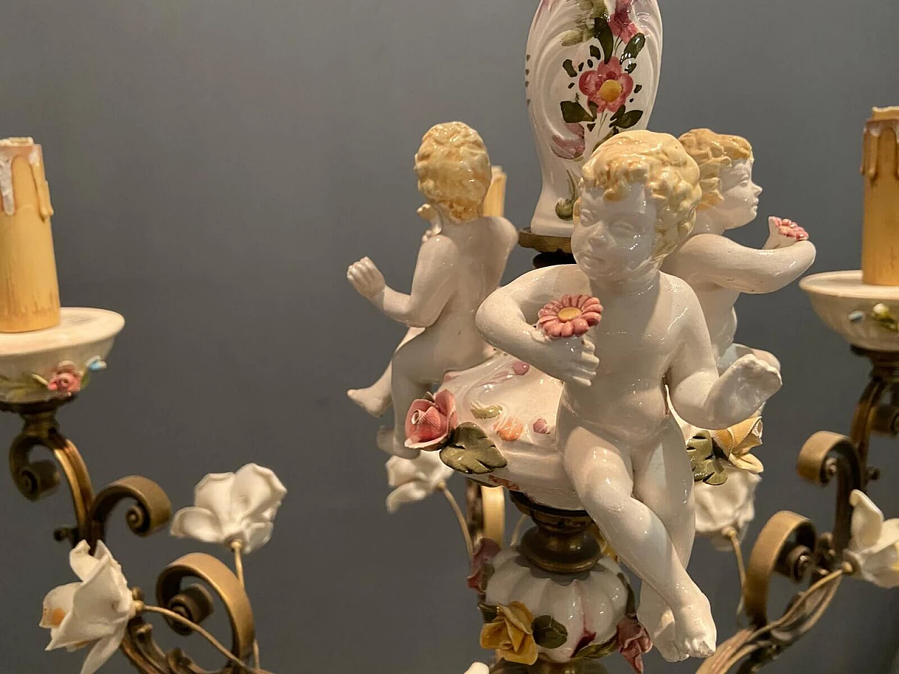 Lampadario in bronzo e ceramica di Antonio Zen per Le Ceramiche di Nove e Bassano, anni '50 1209704