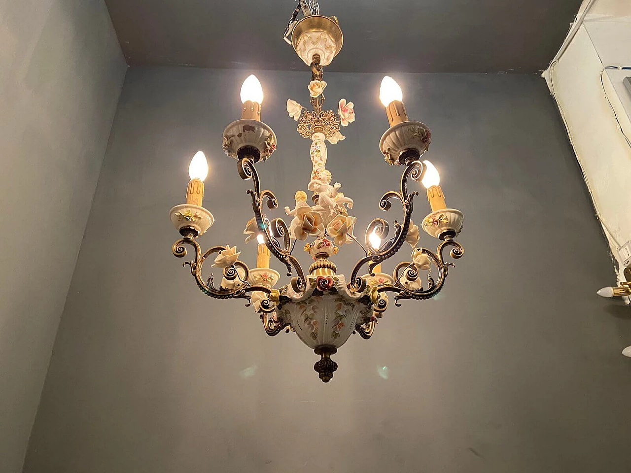 Lampadario in bronzo e ceramica di Antonio Zen per Le Ceramiche di Nove e Bassano, anni '50 1209706