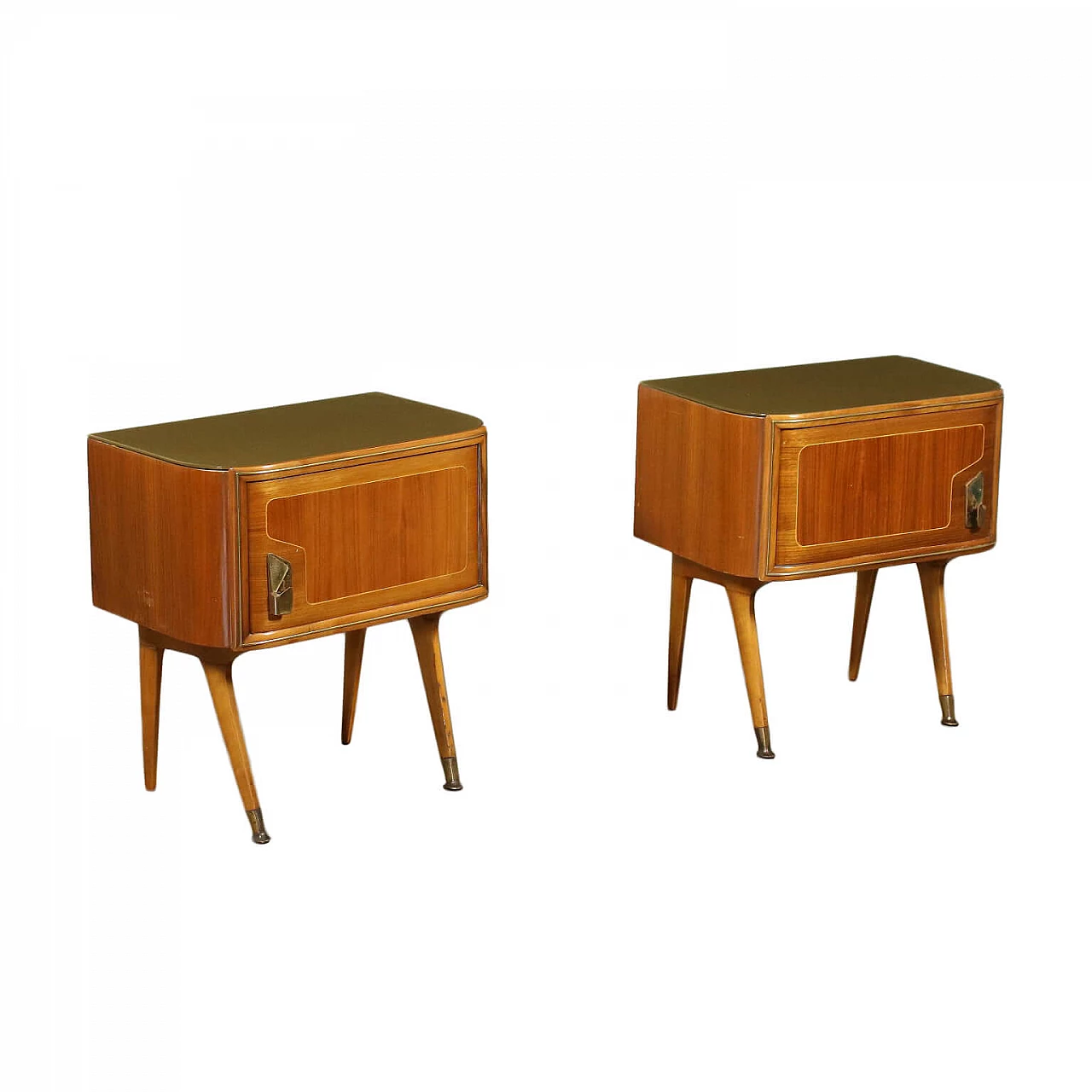 Pair of bedside tables in wood, glass and brass, 50s 1209895