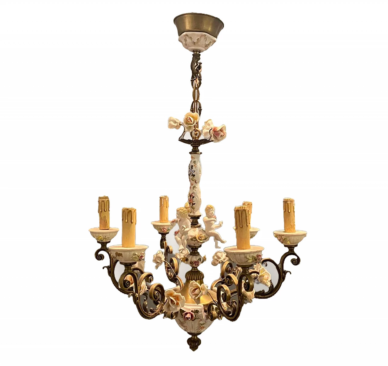 Lampadario in bronzo e ceramica di Antonio Zen per Le Ceramiche di Nove e Bassano, anni '50 1210001