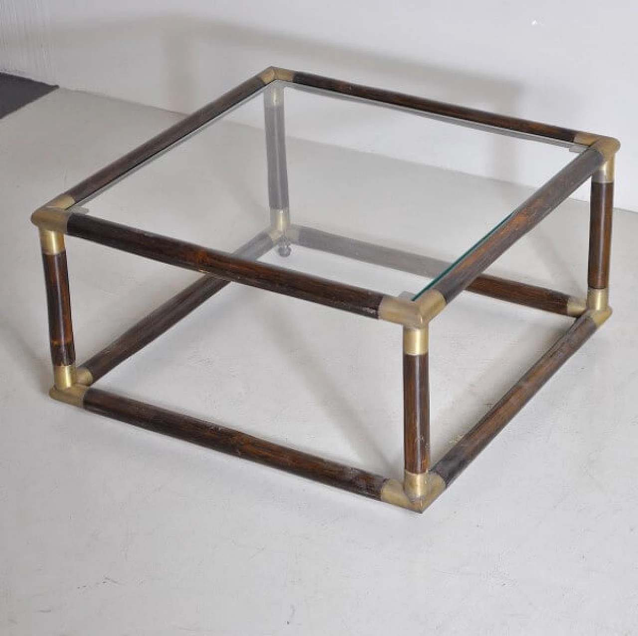 Square coffee table in bamboo and brass with glass top, 60s 1210341