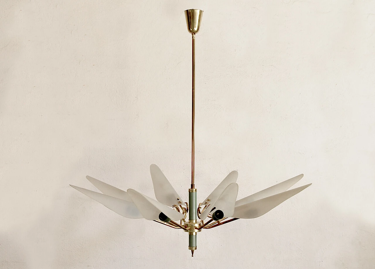 Chandelier in brass, lacquered metal and opaline glass, 60s 1210401
