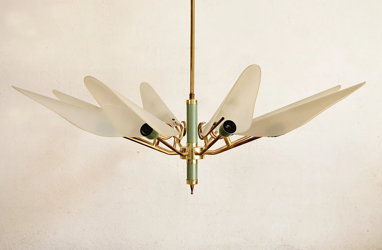 Chandelier in brass, lacquered metal and opaline glass, 60s 1210402
