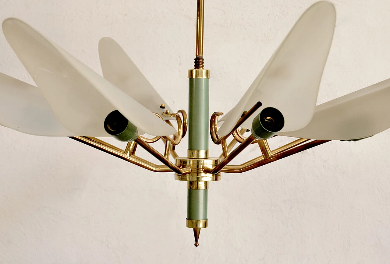 Chandelier in brass, lacquered metal and opaline glass, 60s 1210403