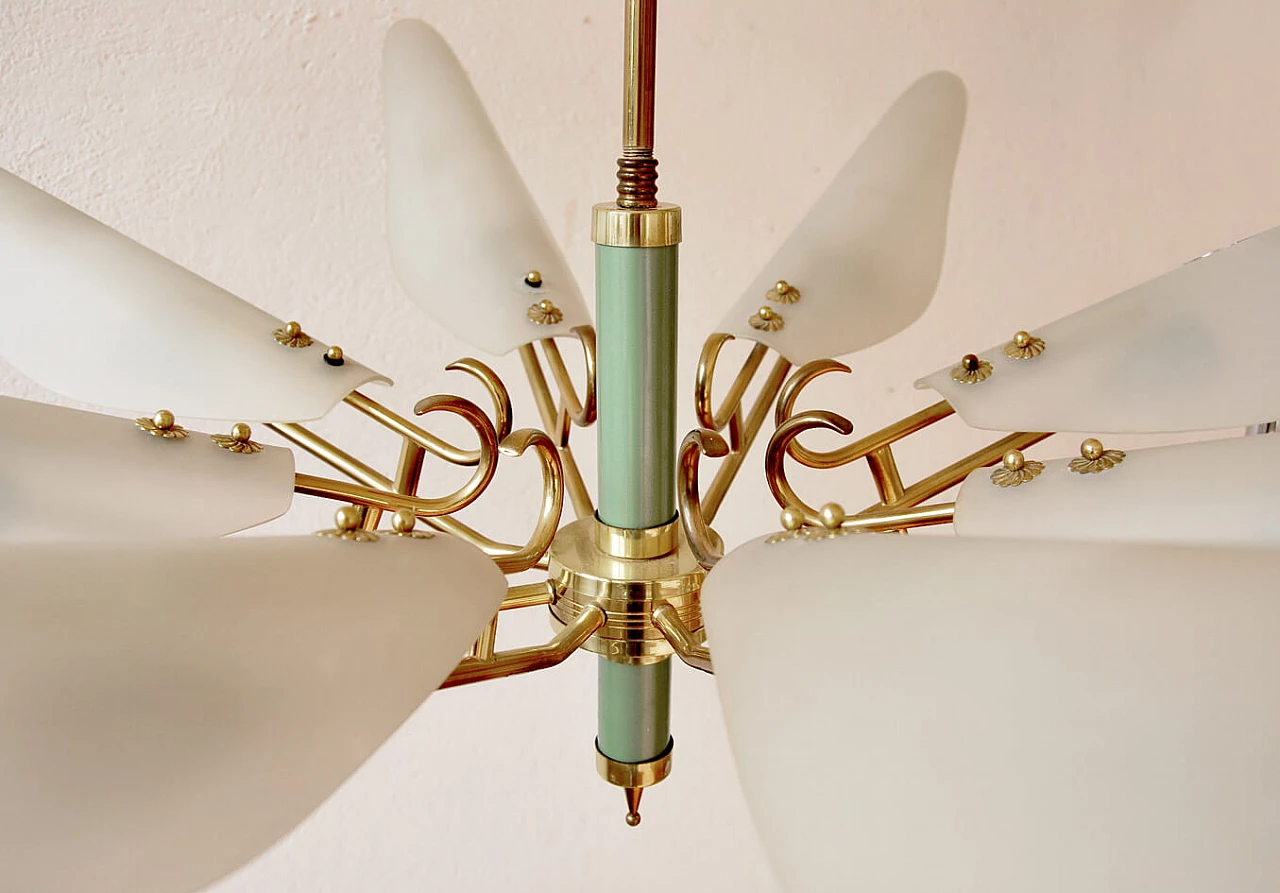 Chandelier in brass, lacquered metal and opaline glass, 60s 1210404