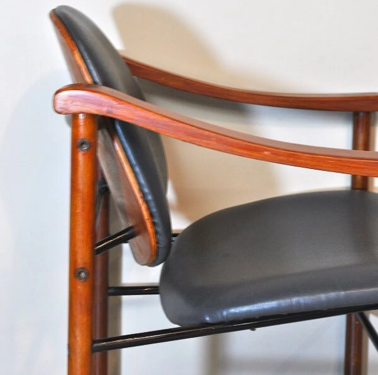 Pair of mahogany and black leather armchairs, 1960s 1210587
