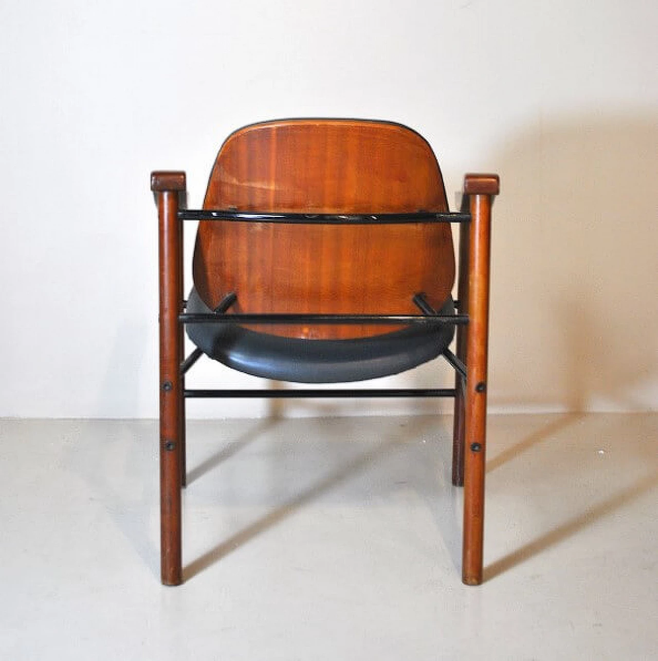 Pair of mahogany and black leather armchairs, 1960s 1210589