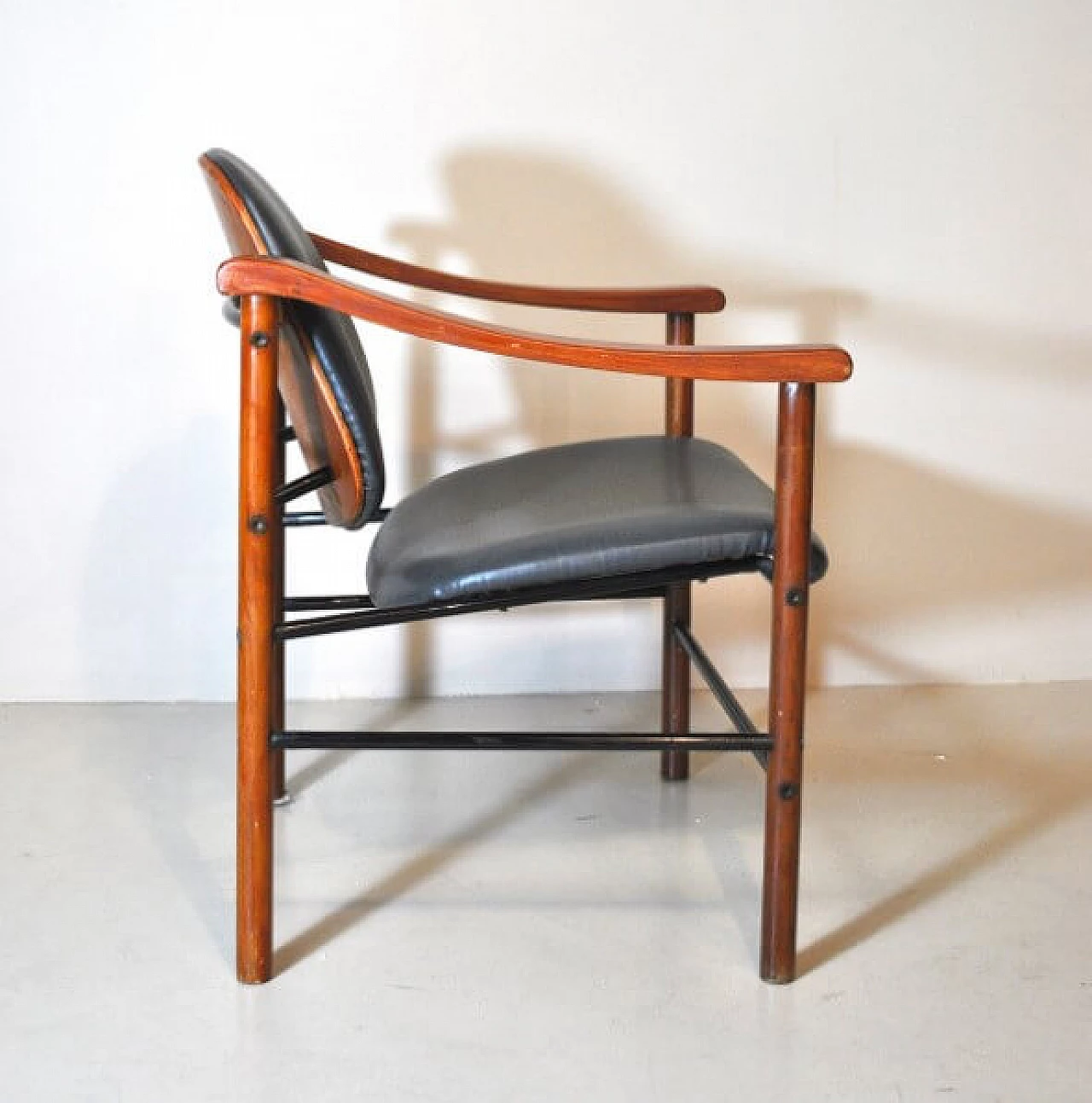 Pair of mahogany and black leather armchairs, 1960s 1210590
