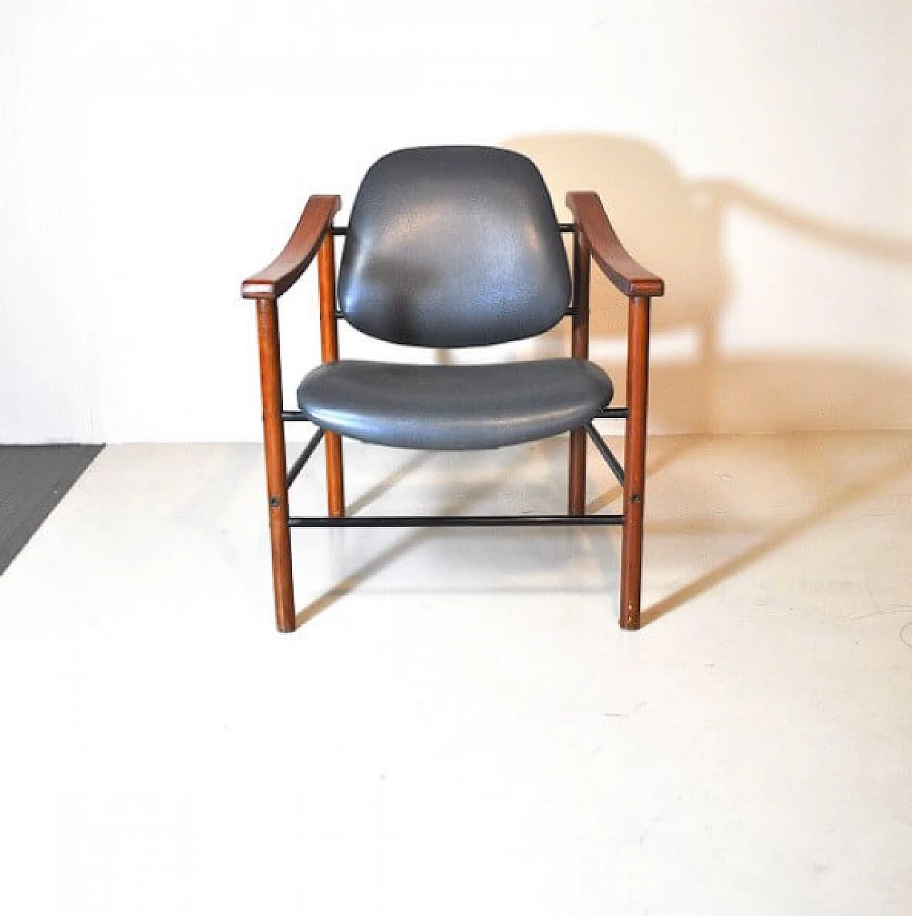 Pair of mahogany and black leather armchairs, 1960s 1210592