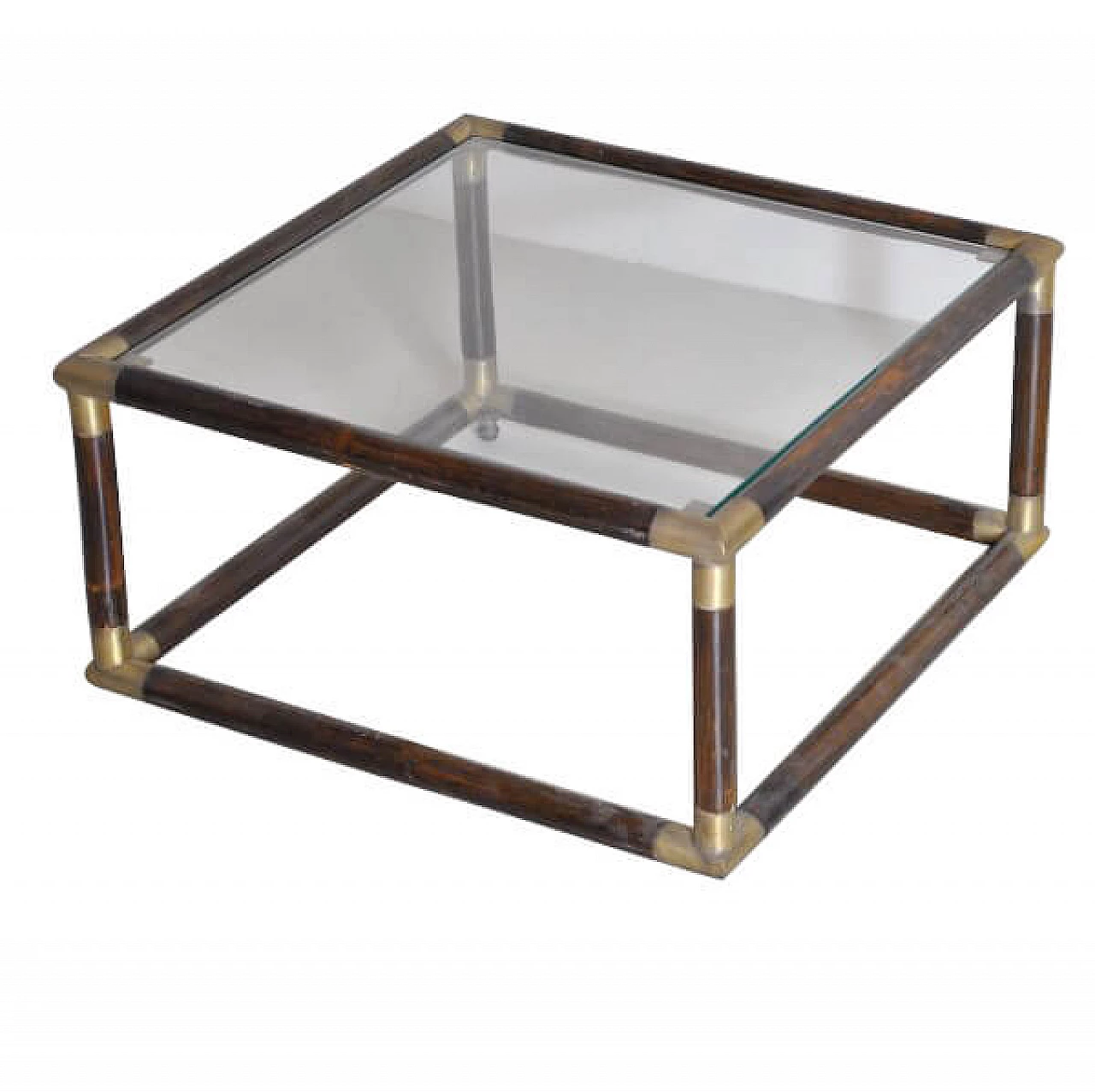 Tavolino quadrato in bambù e ottone con ripiano in vetro, anni '60 1211440