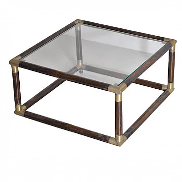 Tavolino quadrato in bambù e ottone con ripiano in vetro, anni '60