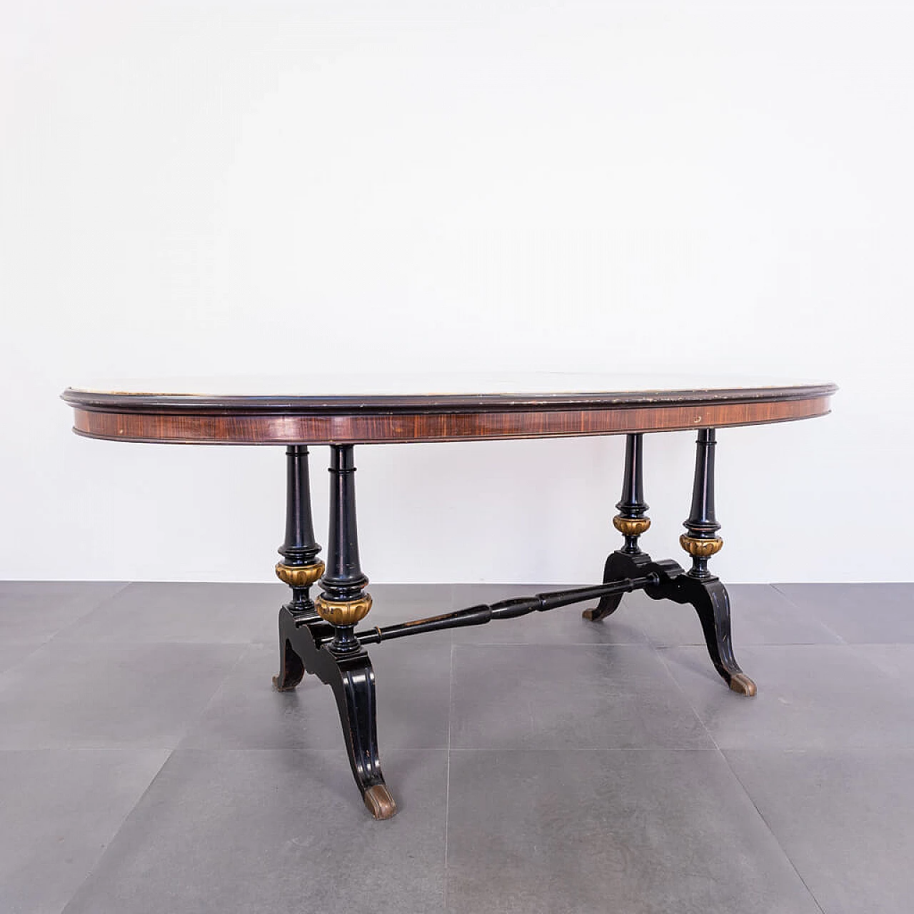 Oval dining table in wood, marble and brass, 60s 1211445