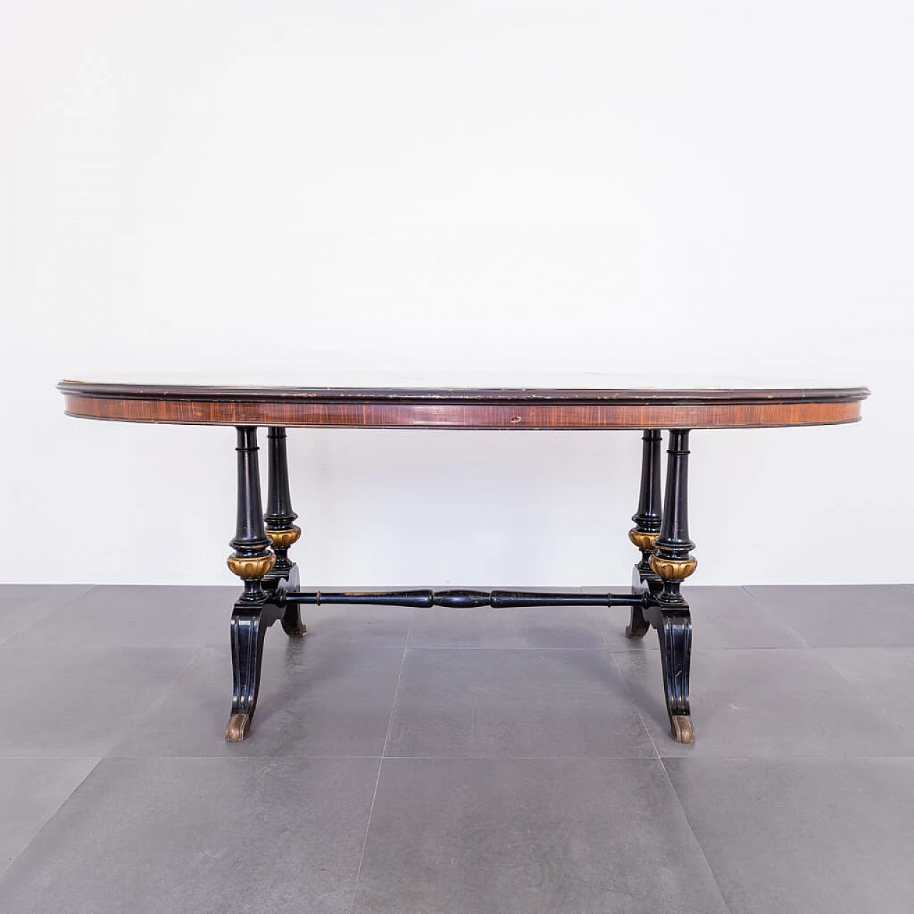 Oval dining table in wood, marble and brass, 60s 1211447