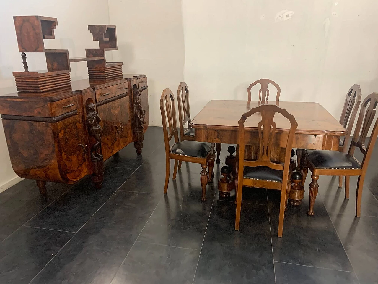6 dining chairs in carved walnut Art Deco, 30s 1212033