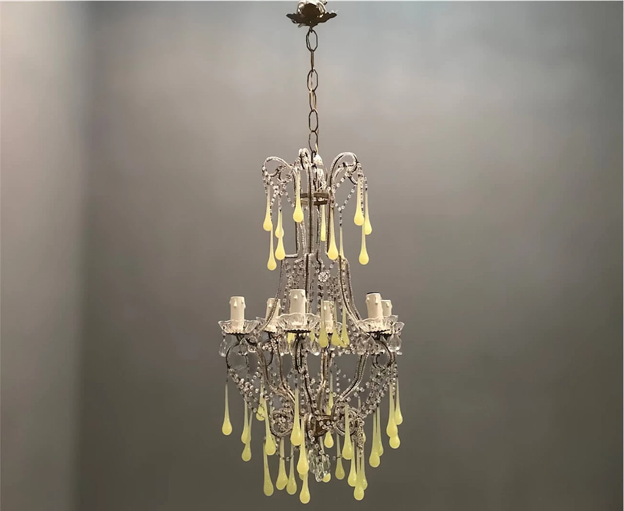 Chandelier in crystal and opaline Murano glass, 40s 1212048