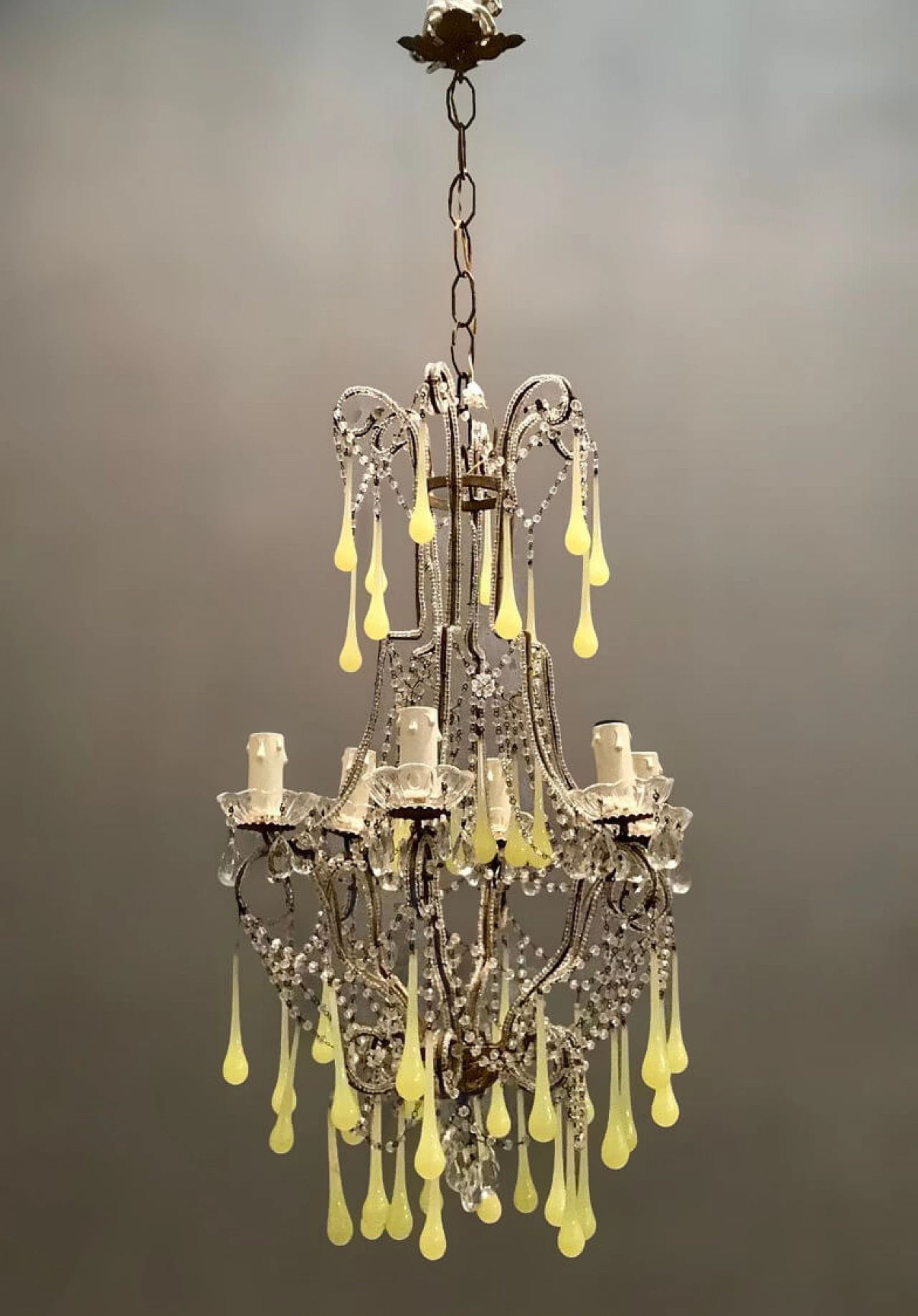 Chandelier in crystal and opaline Murano glass, 40s 1212049