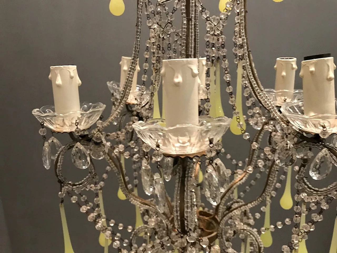 Chandelier in crystal and opaline Murano glass, 40s 1212052