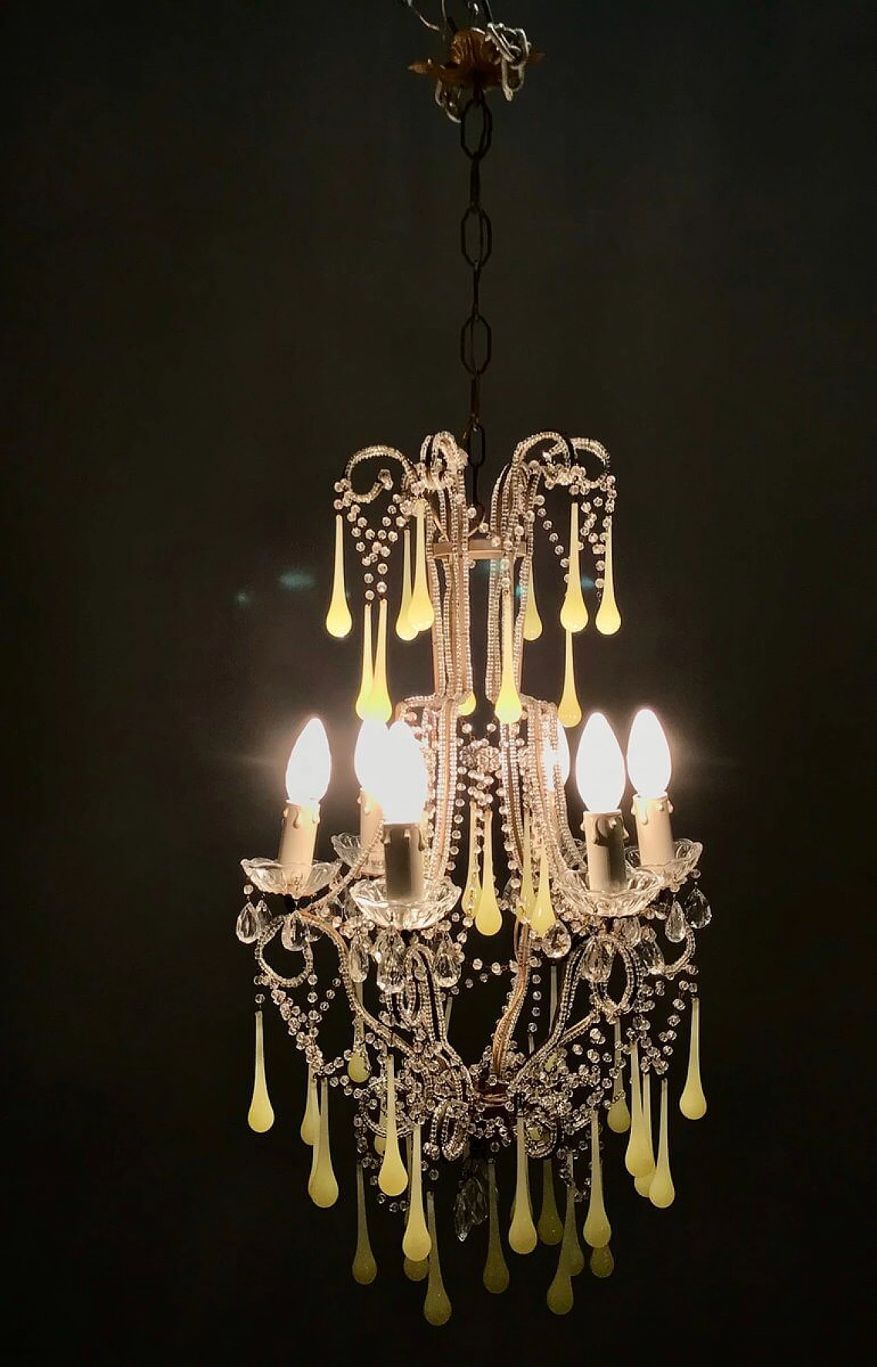 Chandelier in crystal and opaline Murano glass, 40s 1212054