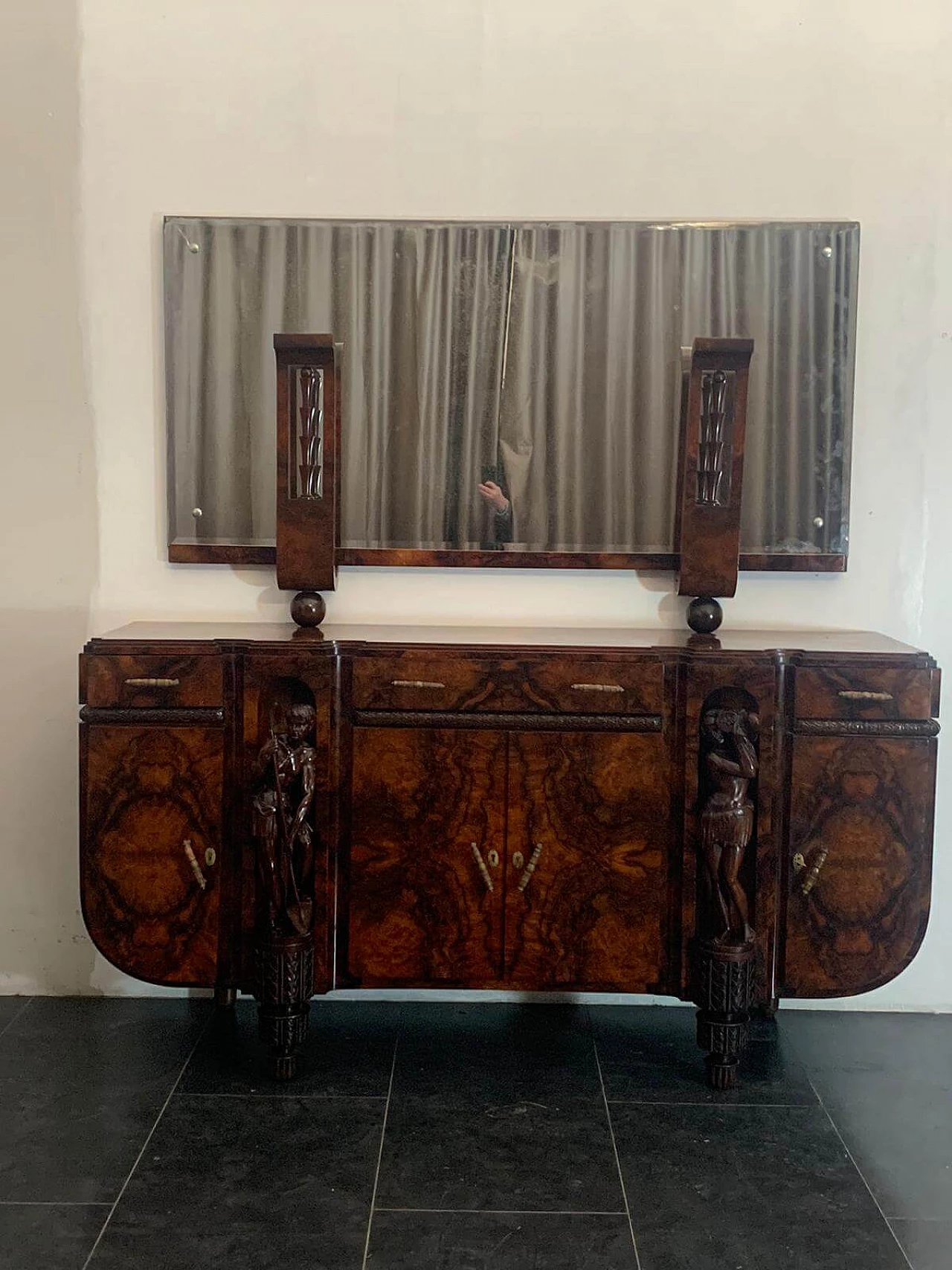 Art Deco carved walnut sideboard with mirror, 30s 1212130