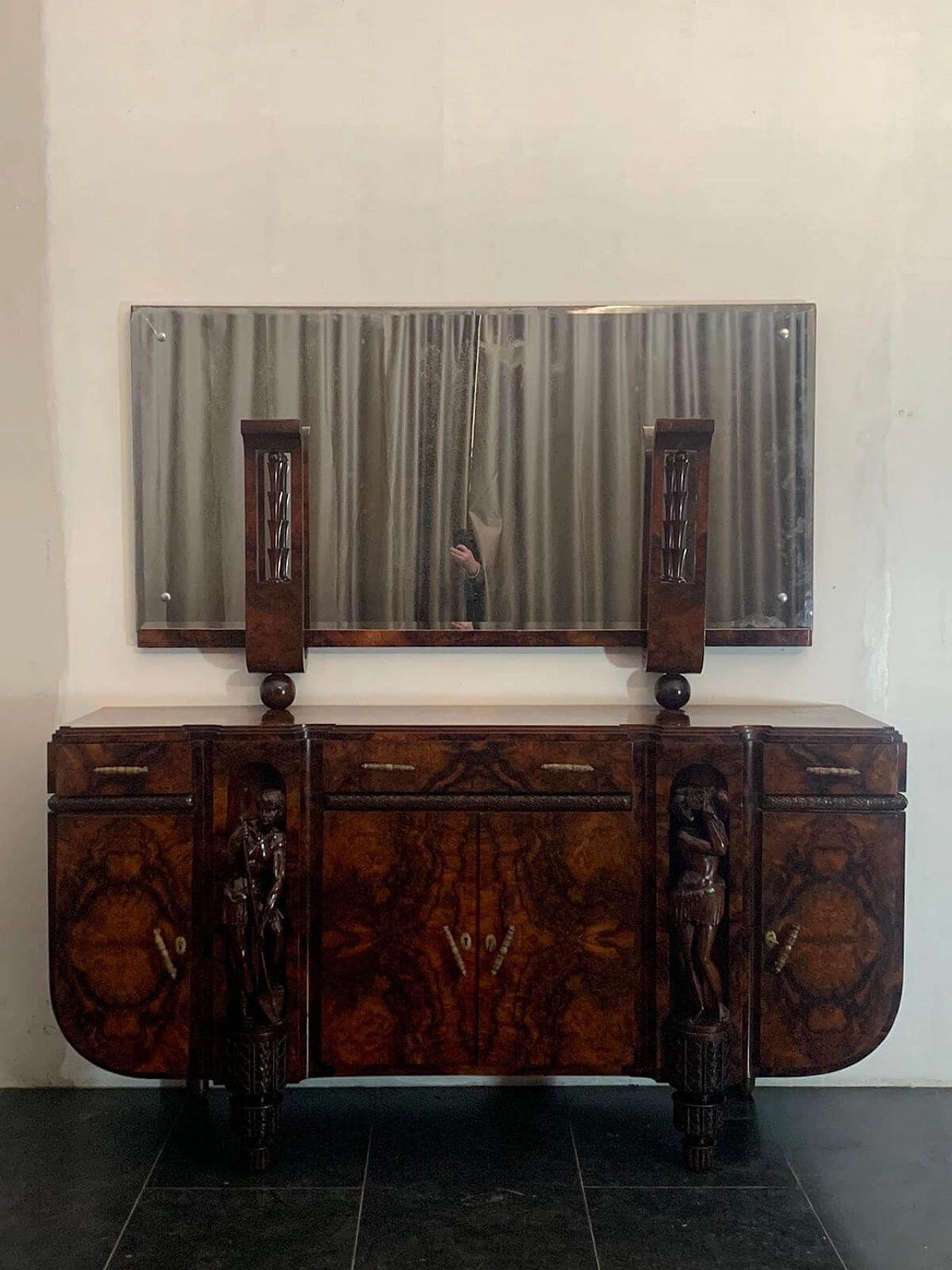 Art Deco carved walnut sideboard with mirror, 30s 1212131