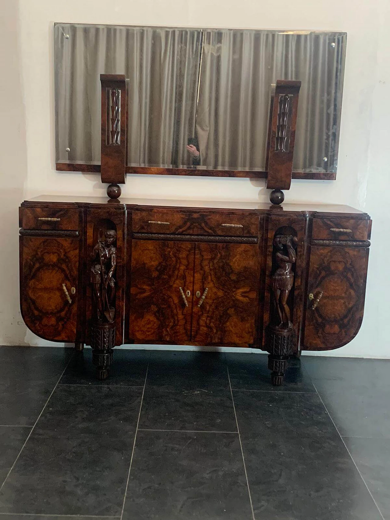 Art Deco carved walnut sideboard with mirror, 30s 1212132