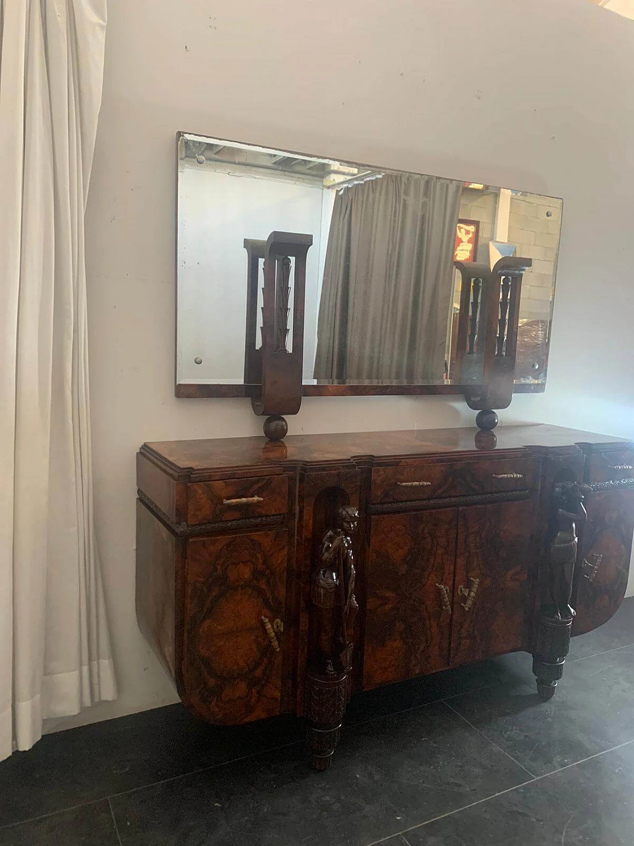 Art Deco carved walnut sideboard with mirror, 30s 1212134