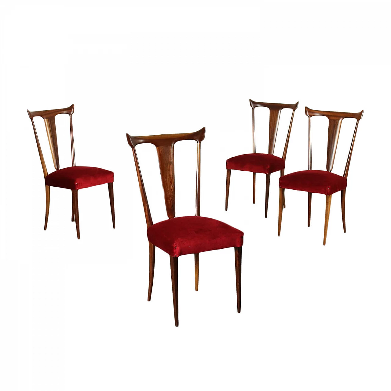 4 Chairs in beechwood and velvet, 50s 1212200