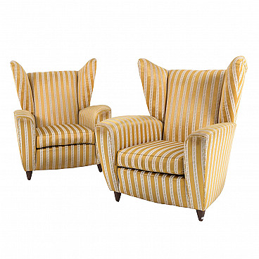 Pair of wooden and fabric armchairs by Paolo Buffa, 50s
