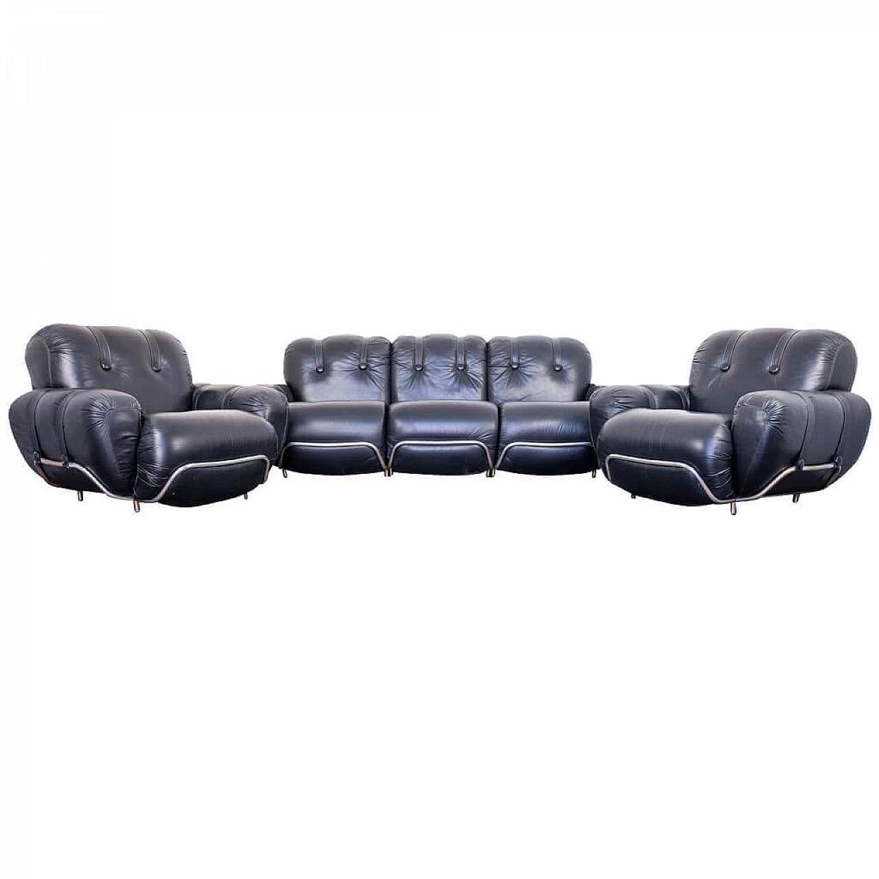 Sofa and armchairs set in leather and steel, 70s 1212370