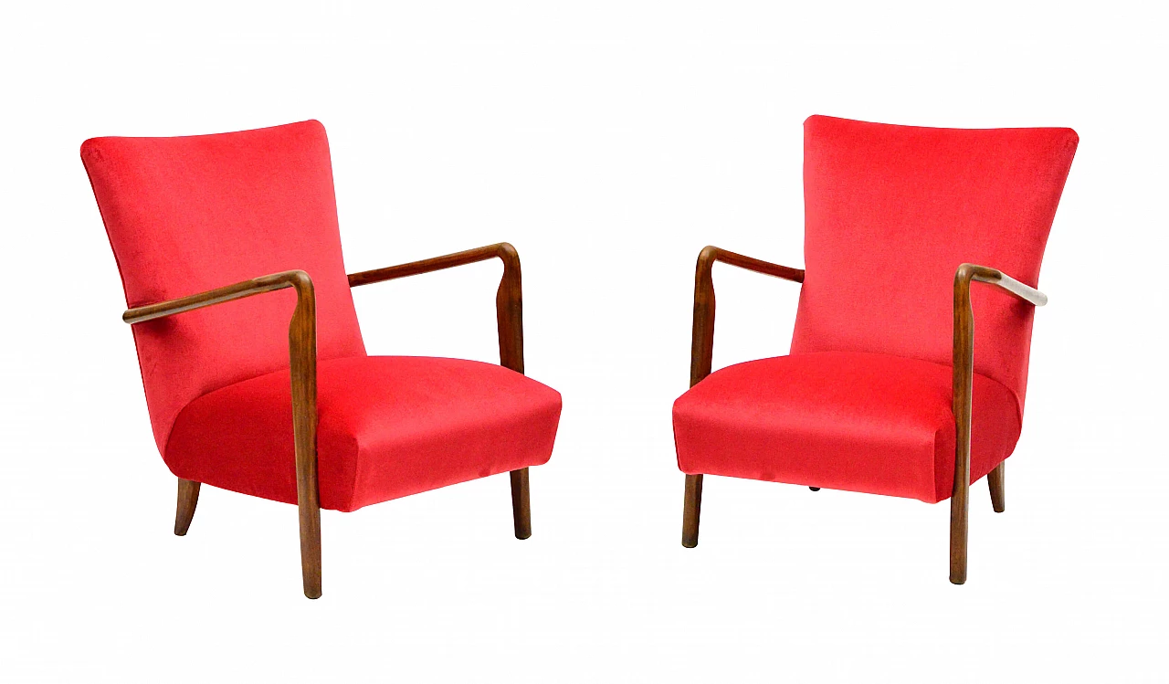 Armchairs Model 401 by Cassina, in walnut and red velvet, 1940s 1212501