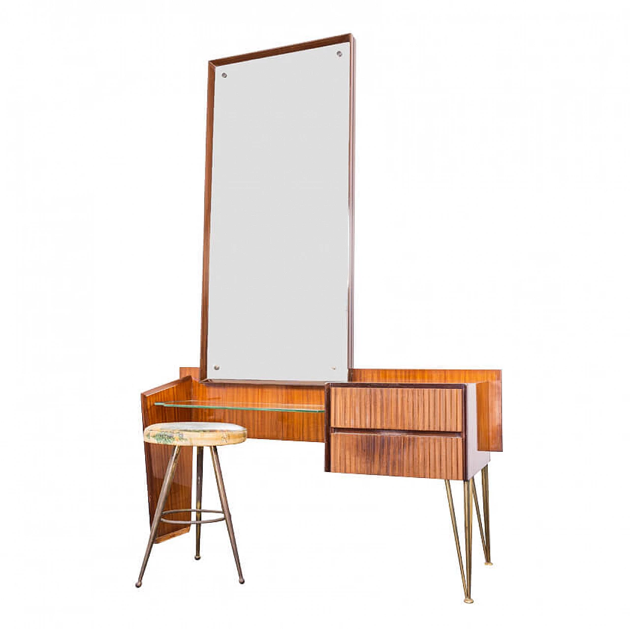 Toeletta consolle con specchio e sgabello in legno e ottone, anni '50 1212579