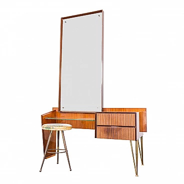 Toeletta consolle con specchio e sgabello in legno e ottone, anni '50