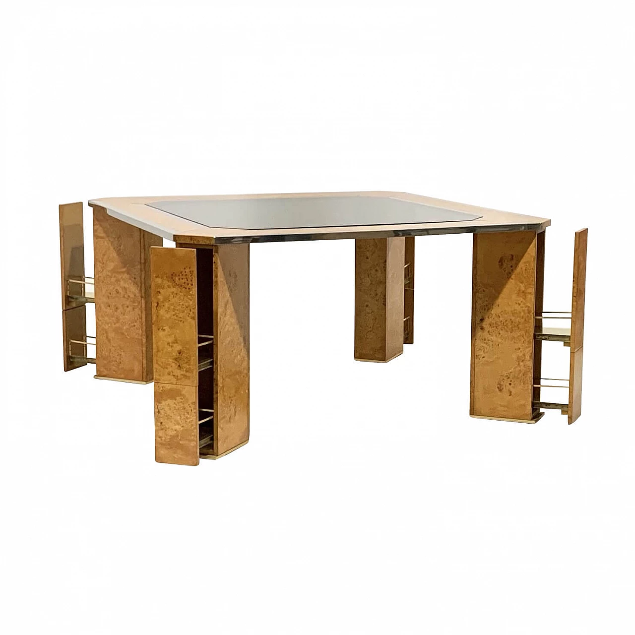 Table in burl, birch, chrome plating and smoked glass by Willy Rizzo, 70s 1212703