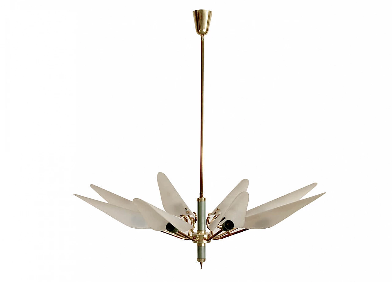 Chandelier in brass, lacquered metal and opaline glass, 60s 1212735