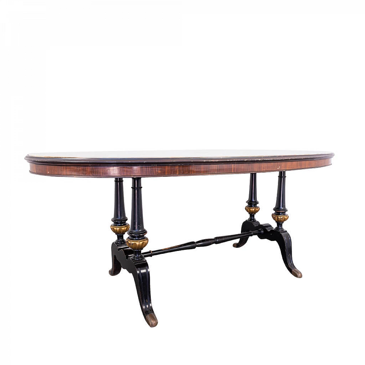 Oval dining table in wood, marble and brass, 60s 1212742