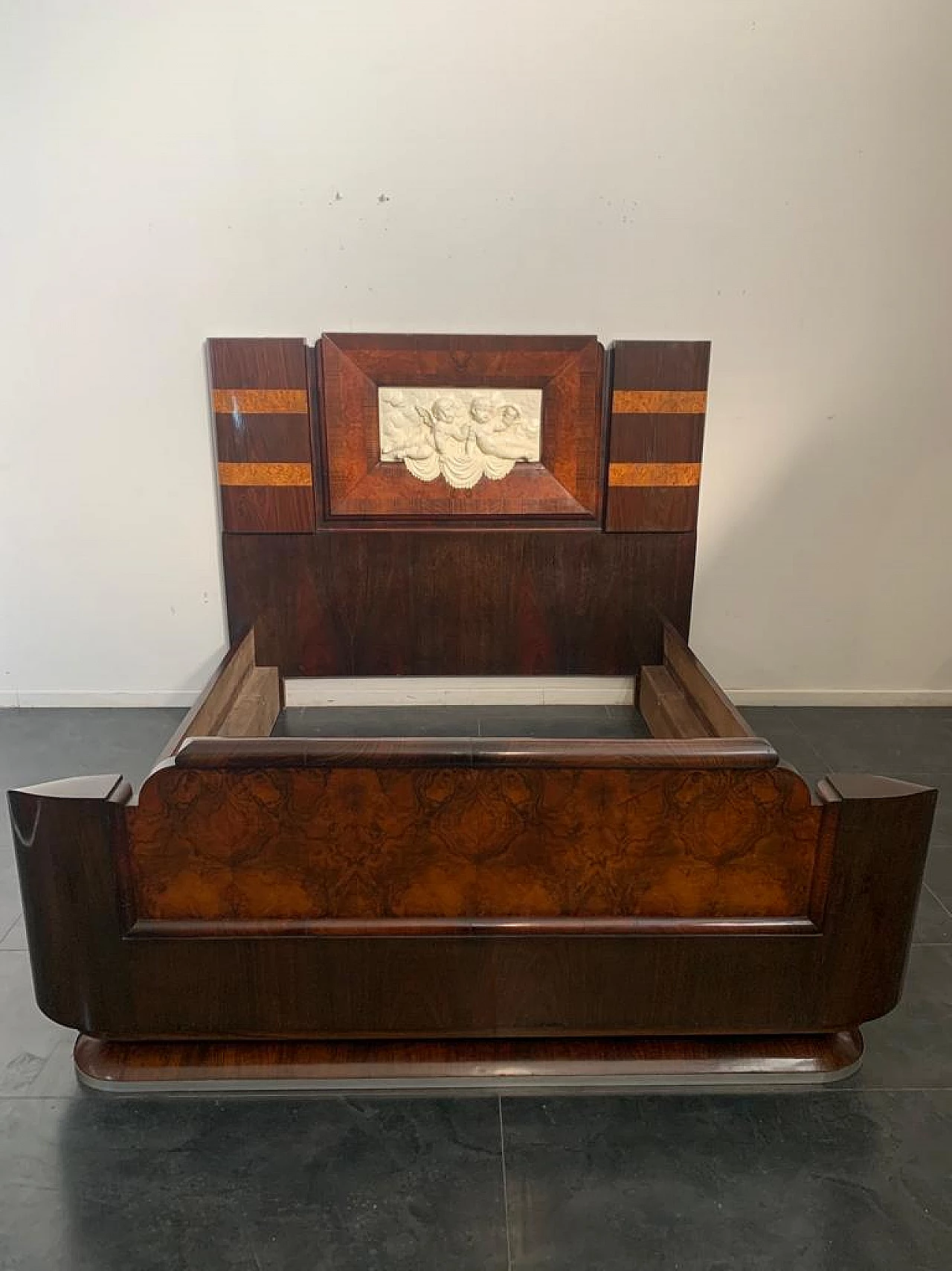 Art Deco bed in walnut and rosewood with carved headboard, 1920s 1213355