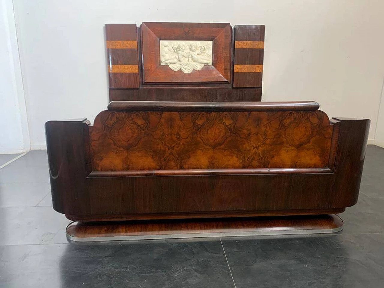 Art Deco bed in walnut and rosewood with carved headboard, 1920s 1213356