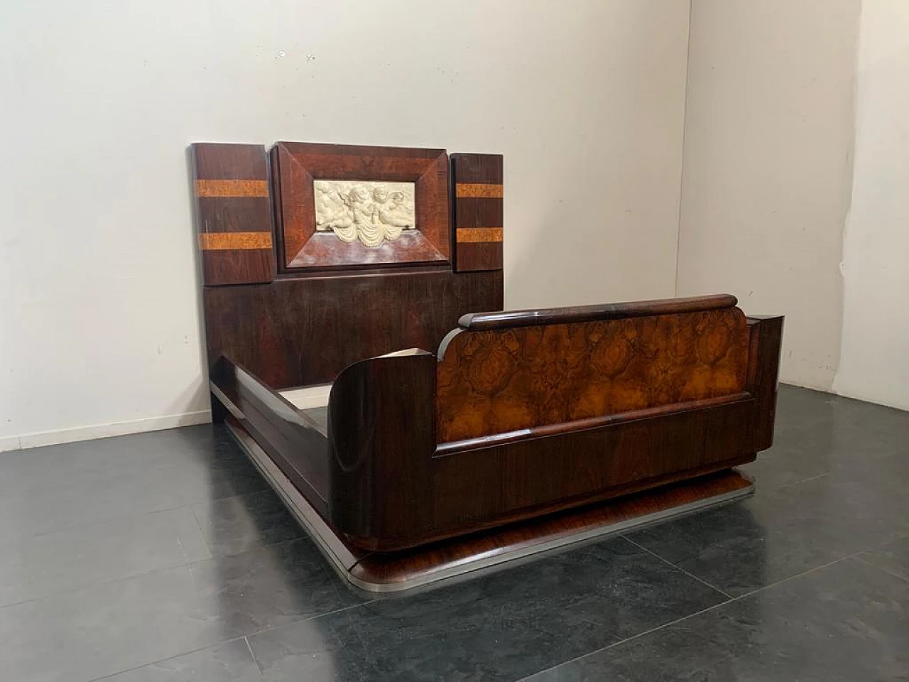 Art Deco bed in walnut and rosewood with carved headboard, 1920s 1213357