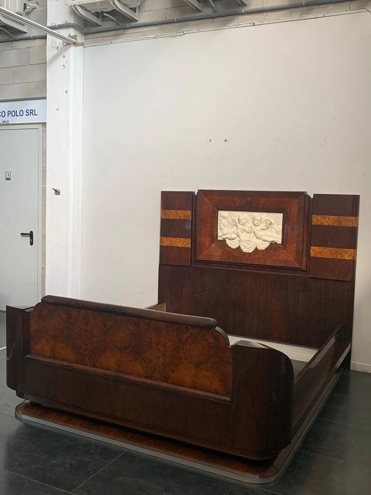 Art Deco bed in walnut and rosewood with carved headboard, 1920s 1213358